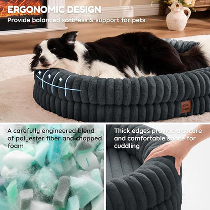 XL Dog Bed - Luxury Striped Faux Fur Waterproof Pet Couch with Removable Washable Cover, Orthopedic Dog Bed with Bolster Sides for Sleeping, Dark Grey