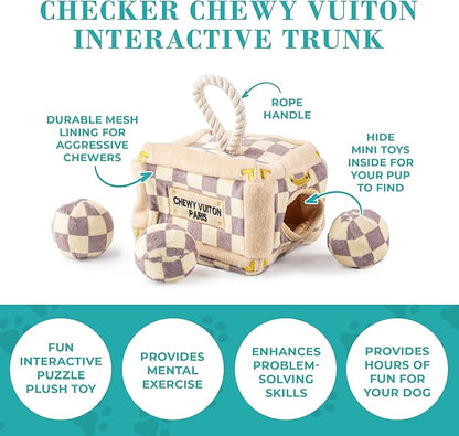 Haute Diggity Dog Checker Chewy Vuiton Trunk Activity House, Plush Designer Dog Toys with Interactive Squeaker, Stimulating Pet Enrichment, Machine-Washable & Safe Materials for All Breeds, One Size