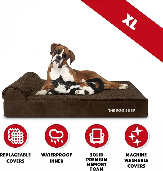The Dog’s Bed Orthopedic Headrest Dog Bed XL Brown Plush, Memory Foam, Pain Relief for Arthritis, Hip & Elbow Dysplasia, Post Surgery, Lameness, Waterproof Washable Cover, Veterinary Approved