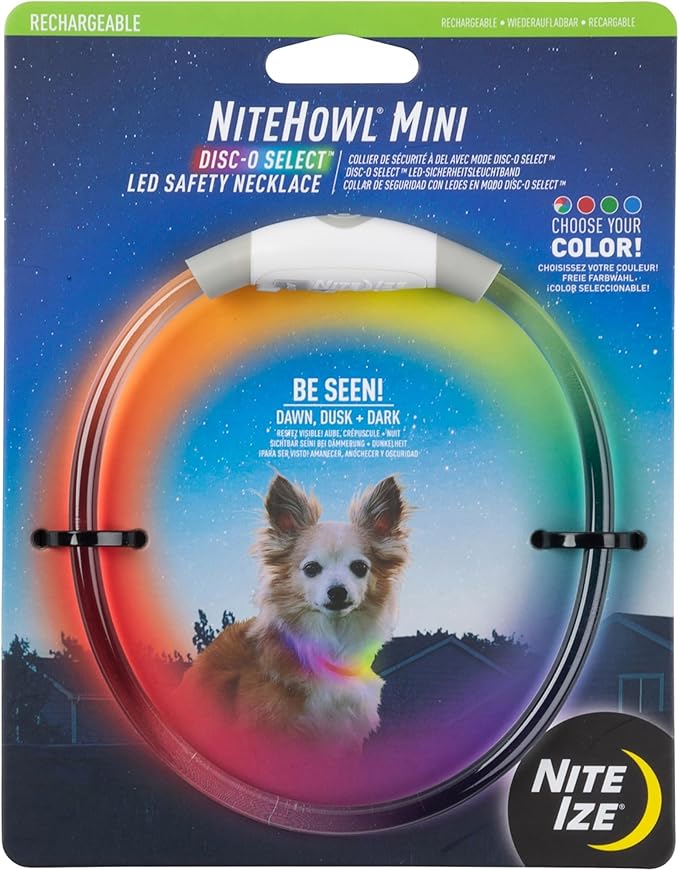 Nite Ize NiteHowl Mini Rechargeable LED Safety Necklace, Disc-O Select - Light Up Dog Necklace with LED Lights - Dog Accessories with Rechargeable Batteries - Mini, Disc-O Select