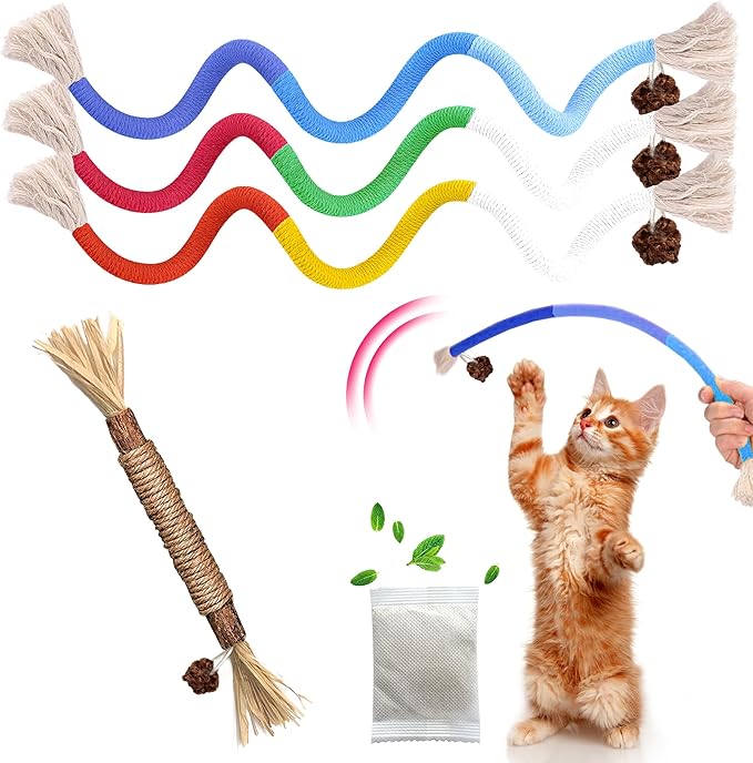 GBSYU Cat Toys Chew Rope & Silvervine Sticks for Bored Indoor Adult Cats, 4Pcs Interactive Catnip Toys for Cats with Refillable Natural Catnip Bag for Teeth Cleaning