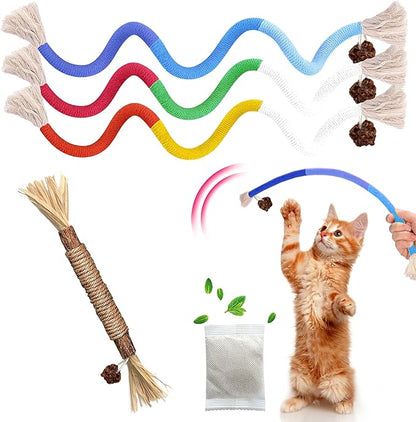 GBSYU Cat Toys Chew Rope & Silvervine Sticks for Bored Indoor Adult Cats, 4Pcs Interactive Catnip Toys for Cats with Refillable Natural Catnip Bag for Teeth Cleaning