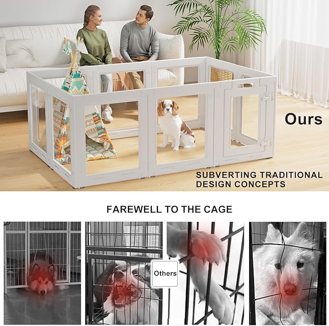 Clear Acrylic Dog Playpen with Door,23.6" Puppy Playpen,Easy Assemble Pet Fence,10-Panel for Puppies/Small Dog Play Pen Indoor (White, 23.6 Inch-H, 10 Panel)