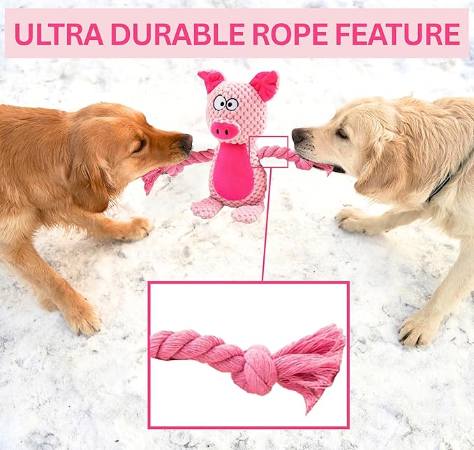 Leash and Leisure Plush Dog Toys, 3-Pack Variety Set with Squeaker, Crinkle Paper, Rope, Non-Toxic, Soft & Durable, Teething Puppy Toys- Farm Friends or Jungle Pals, 9.45 x 3.94 inches (Farm Friends)