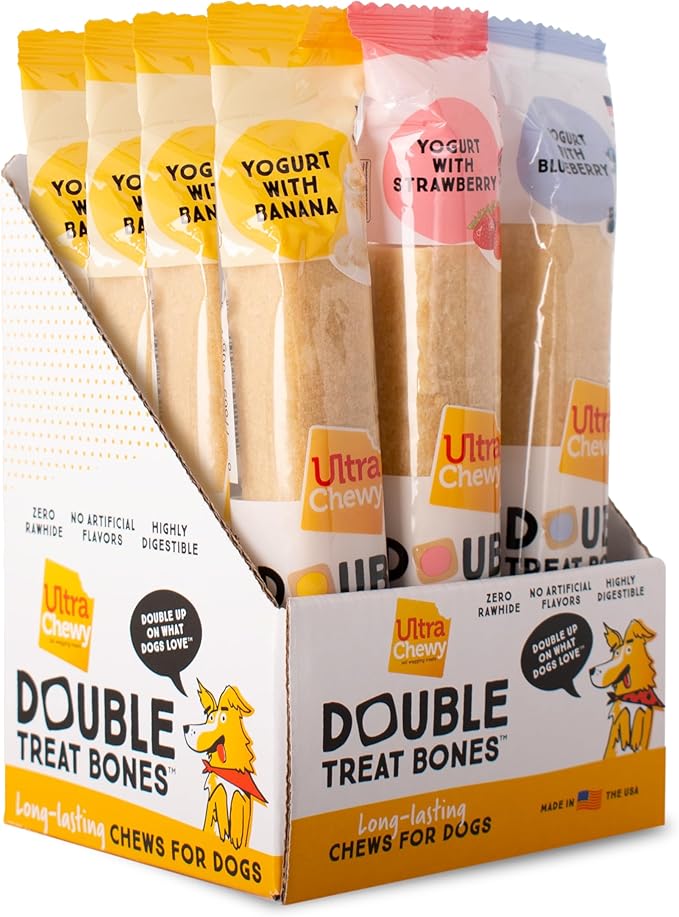 Ultra Chewy 3 Flavor Yogurt Double Treat Bones: Strawberry, Blueberry and Banana, Long-Lasting Dog Treats Made in USA for Large and Small Breeds, Highly Digestible (12 Count)