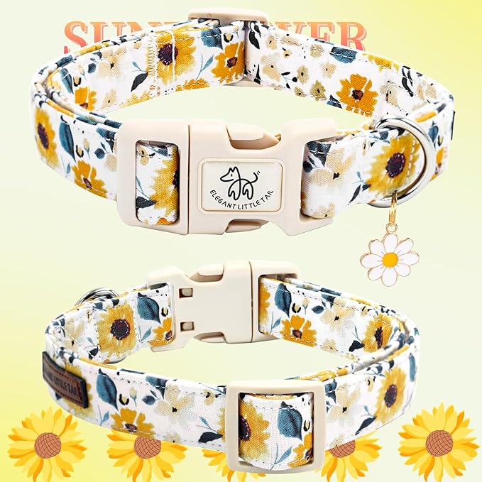 Elegant little tail Dog Collar,Sunflower Pattern Pet Collar Cute Durable Spring Female or Male Adjustable Cotton Pet Collar with Quick Release Buckle for X-Small Puppy