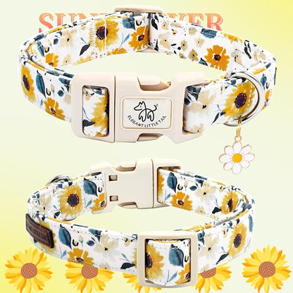 Elegant little tail Dog Collar,Sunflower Pattern Pet Collar Cute Durable Spring Female or Male Adjustable Cotton Pet Collar with Quick Release Buckle for X-Small Puppy