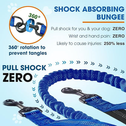 Hands Free Dog Leash with Waist Belt – No-Pull Bungee, Dual Padded Handles & Zipper Pouch for Running, Walking & Training – Adjustable Waist Leash for Large & Medium Dogs (Dark Blue)