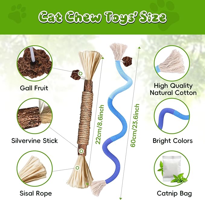 GBSYU Silvervine Sticks for Cats & Cat Chew Rope Toy with Refillable Natural Catnip Bag for Teeth Cleaning, Interactive Cat Catnip Toys for Indoor Cats, Kitten Teething Toys for All Breeds (12Pcs)