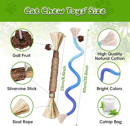 GBSYU Silvervine Sticks for Cats & Cat Chew Rope Toy with Refillable Natural Catnip Bag for Teeth Cleaning, Interactive Cat Catnip Toys for Indoor Cats, Kitten Teething Toys for All Breeds (12Pcs)