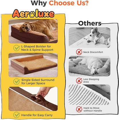 Dog Bed Large Sized Dogs, XL Orthopedic Dog Bed for Large Dogs, Waterproof Pet Bed with Washable Removable Cover, L-Shaped Pet Couch with Portable Handle 42"x30"x7.5", Brown