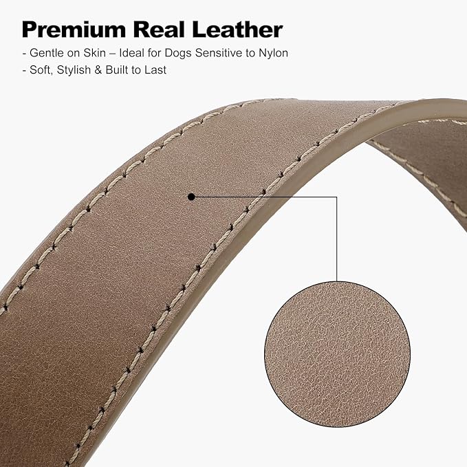 Plutus Pet Genuine Leather Dog Collar – Adjustable Pet Collar with Quick Release Metal Buckle, Soft Real Leather for Small Medium Large Dogs, Heavy Duty & Skin-Friendly (Ash Brown, L)