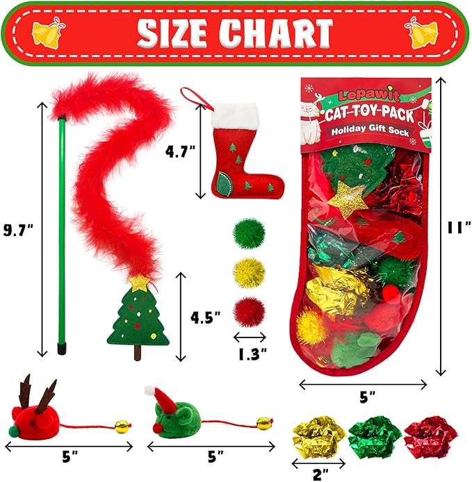 Lepawit Cat Christmas Stocking, 10 Pack Gifts for Christmas, Interactive Feather Toy with Catnip, Cat Ball Toys, Crinkle Balls, Mice Toys for Indoor Cats & Kitten
