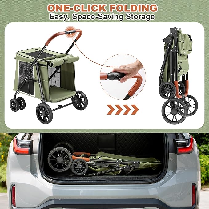 AOPEC Medium Dog Stroller, Dual Entry One-Touch Folding,Small and Medium Pet Stroller,360° Rotating Front Wheels,70 lbs Weight Capacity for Outdoor Travel and Elderly Dogs - Green