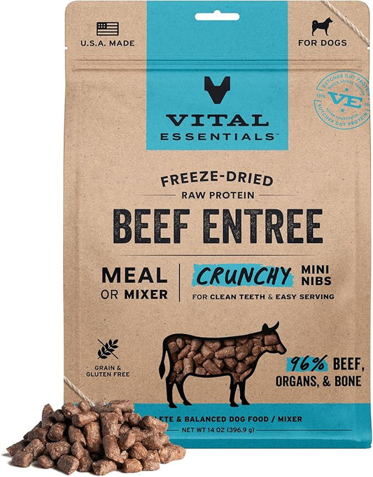 Vital Essentials Freeze-Dried Raw Dog Food, Beef Crunchy Mini Nibs | Complete Meal or Mixer | High Protein Dog Food | 14 oz
