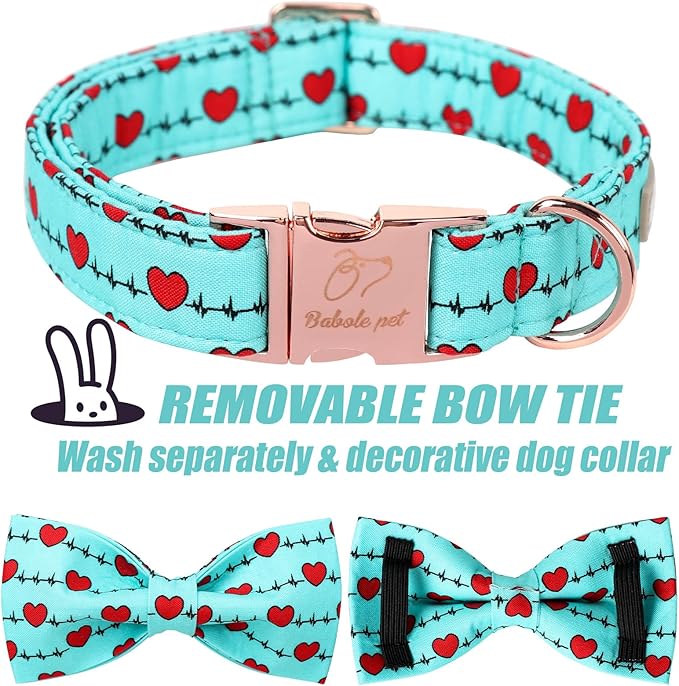 Valentines Dog Collar with Bow Tie,Green Love Heart Signal Valentine Dog Collars with Safety Metal Buckle Adjustable Puppy Collars for Small Medium Large Boy & Girl Dogs XS