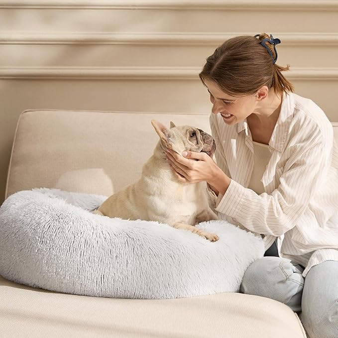 Bedsure Calming Dog Bed for Medium Dogs - Donut Washable Medium Pet Bed, 30 inches Anti-Slip Round Fluffy Plush Faux Fur Cat Bed, Fits up to 45 lbs Pets, Frost Grey