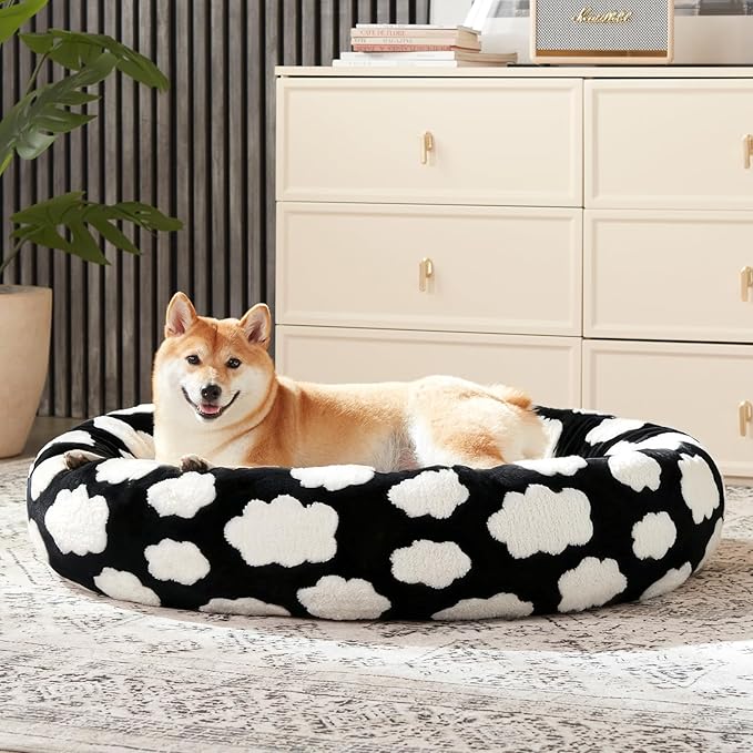 JOEJOY Donut Dog Bed Medium Size Dog, Cute Round Calming Pet Bed with Removable Washable Cover, Orthopedic Puppy Bed with Jacquard Shaggy Plush & Non Skid Bottom