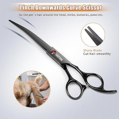 7.0in Titanium Professional Dog Grooming Scissors Set, GEMEK 6 in 1 Straight & Thinning & Upwards Curved & Downwards Curved Scissors & Comb for Dogs, Cats and Other Animals (Black)