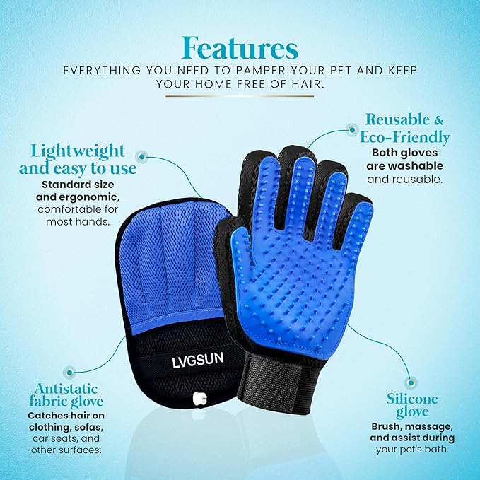 LVGSUN 3-in-1-Pet Hair Remover Gloves for Cats & Dogs, Grooming & Deshedding Mitt Set – 2 Gloves + Extra Pad, Reusable Fur Removal Tool for Shedding, Sofa, Clothes, Carpet & Car Interior