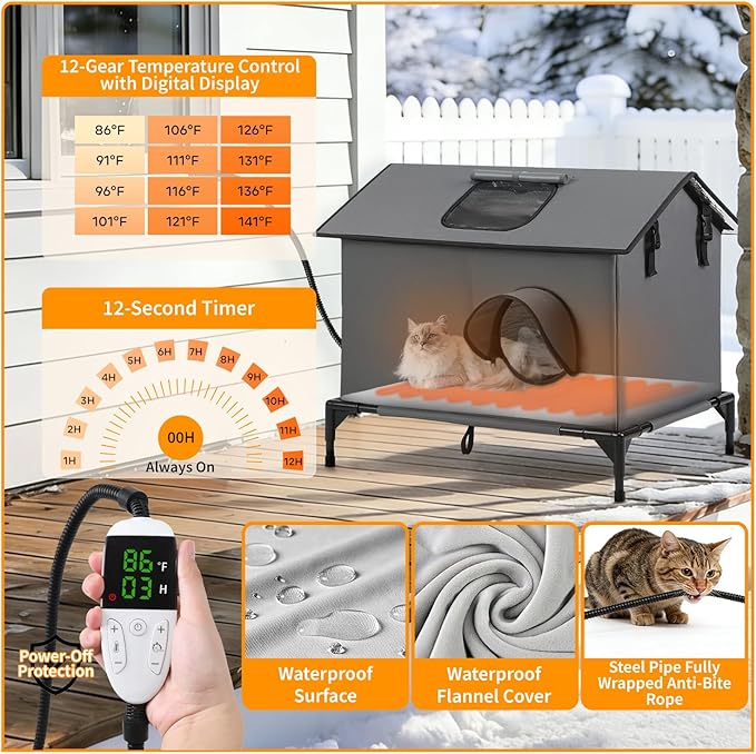 Large Heated Cat House for Outside, Weatherproof Insulated Indoor Extra Large Multi-Cat House with Adjustable Heating Pad, Escape Door & Elevated Base, Warm Shelter for Feral Stray Barn Cats