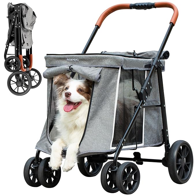 AOPEC Medium Dog Stroller, Dual Entry One-Touch Folding,Small and Medium Pet Stroller,360° Rotating Front Wheels,70 lbs Weight Capacity for Outdoor Travel and Elderly Dogs - Gray