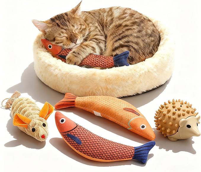 LNOVANT 4-Pack Cat Toys for Indoor Cats: Interactive Catnip Silvervine Toys with Mice, Balls & Saury Fish for Chewing and Scratching - Kitten Toys, Catnip, Cat Stuff and Supplies