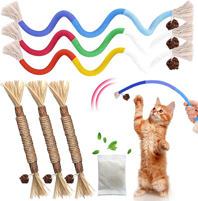 GBSYU Cat Toys Chew Rope & Silvervine Sticks for Bored Indoor Adult Cats, 6Pcs Interactive Catnip Toys for Cats with Refillable Natural Catnip Bag for Teeth Cleaning