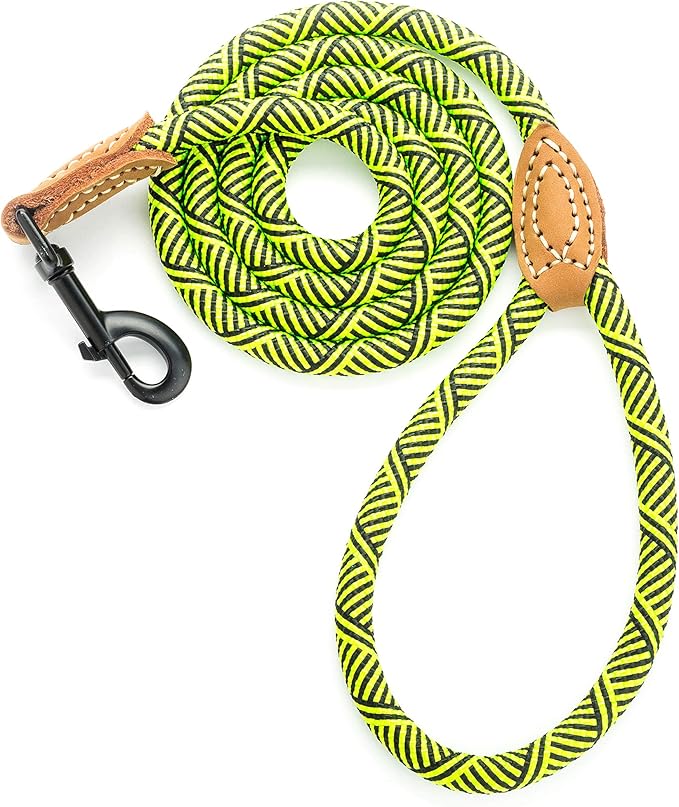 Mile High Life | Mountain Climbing Dog Rope Leash with Heavy Duty Metal Sturdy Clasp | Genuine Leather Tailored Connection with Strong Stitches (Lime Green, 72 Inch (Pack of 1))