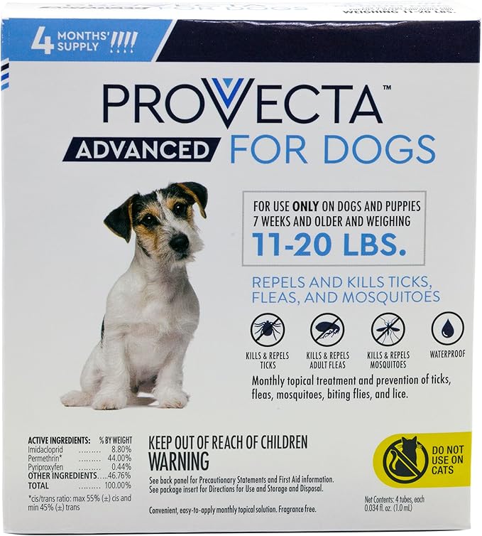 Provecta® Advanced for Dogs Flea and Tick Topical Treatment for Medium Dogs (11–20 lbs), 4-Month Supply