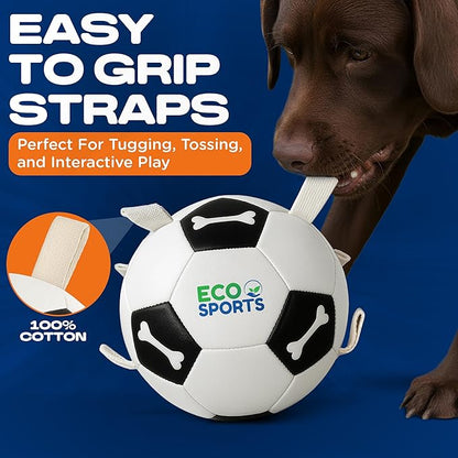 Eco Sports Small Dog Soccer Ball with Straps – Size 2, Interactive Durable Dog Soccer Ball with Cotton Grab Tabs for Fetch Training and Outdoor Play, for Small Size Pets and Puppies