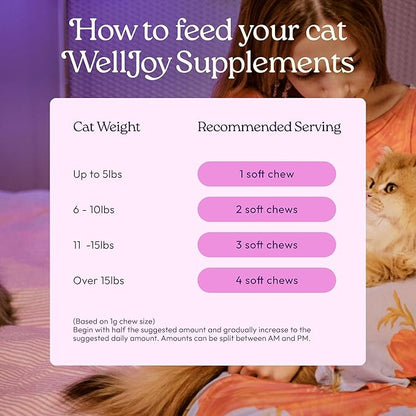 New! WellJoy Cat Supplement Calming+ GutBoost | Cat Health Supplement | Promotes Relaxation & Calmness | Dual-Benefit GutBoost Formulation | Vet Formulated | USA Made | Chicken Flavor | 90 Soft Chews