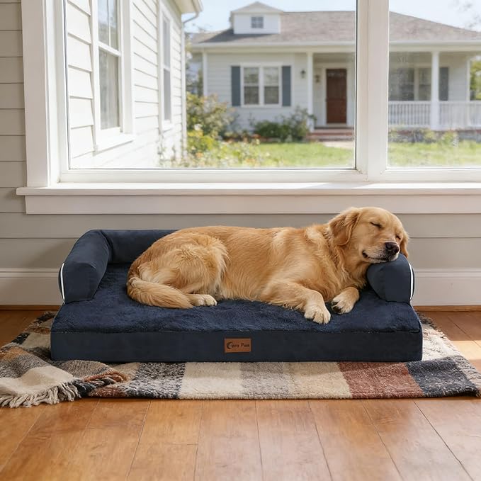 Casa Paw Orthopedic Dog Beds for Extra Large Dogs, Waterproof Egg Crate Foam XL Dog Bed with Sides 45x35Inch, Big Dogs Couch Beds with Removable Washable Cover and Nonskid Bottom, Navy Blue