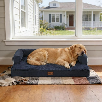 Casa Paw Orthopedic Dog Beds for Extra Large Dogs, Waterproof Egg Crate Foam XL Dog Bed with Sides 45x35Inch, Big Dogs Couch Beds with Removable Washable Cover and Nonskid Bottom, Navy Blue