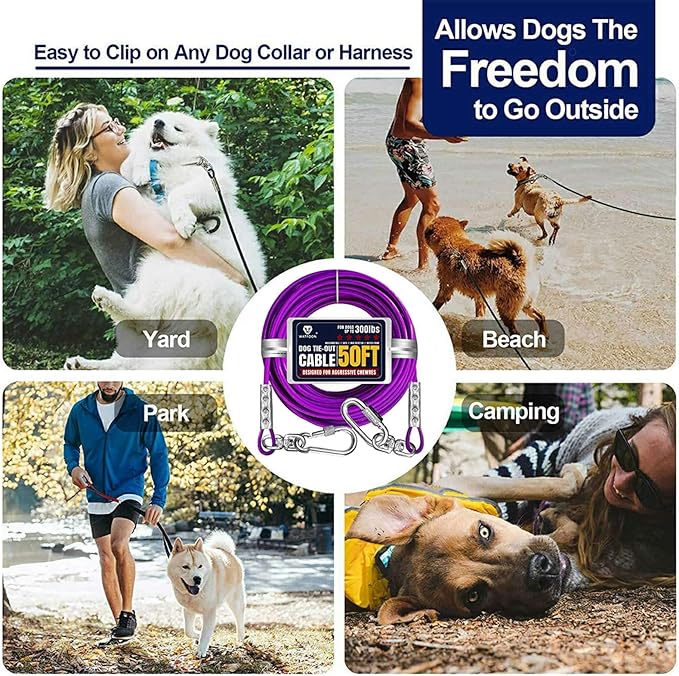 50ft Dog Tie Out Run Cable for Dogs Up to 300lbs, Long Chains Training Tether Leash Heavy Duty Pet Run Cable with Stainless Dual Fix Buckle for Yard Garden Park Camping Training Outside(Purple)