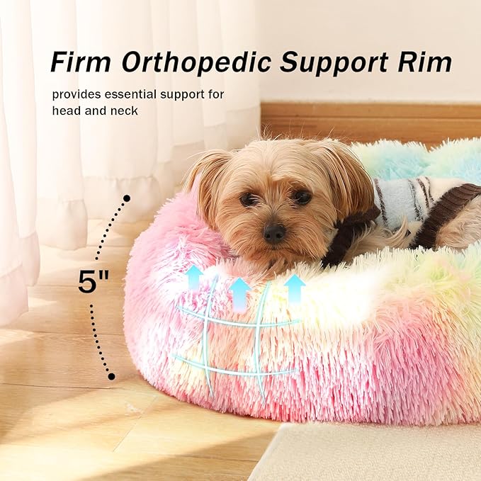 NOYAL Calming Donut Dog Bed for Small to Medium Dogs & Cats - Plush Faux Fur Anti-Anxiety Pet Bed with Machine Washable Cover & Non-Slip Base