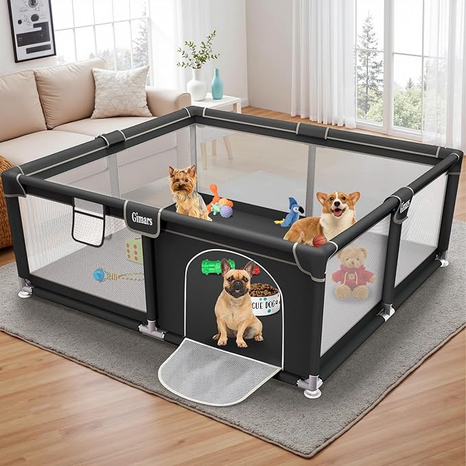 50x50x26 Inches Puppy Playpen with Gate, Dog Playpen for Puppies or Small Dogs, Sturdy Safety Dog Fence Pet Playpen with Thickened Fabric, High-Strength Nylon Wire Mesh for Indoor & Outdoor,Washable