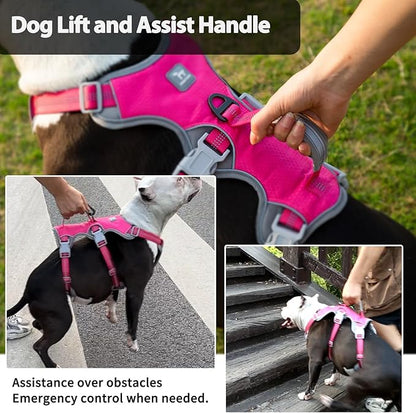 Huntboo Escape Proof Dog Harness, Escape Artist Harness, Reflective Harness with Padded Handle, Breathable, Durable, Adjustable Vest for Medium Dogs Walking, Training, and Running Gear (Rose red, M)
