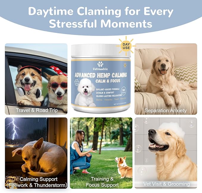 Vetriuntrix Calming Chews for Dogs, Dog Calming Soft Chews for Fireworks, Storms, Thunder, Barking, Separation, 90 Count
