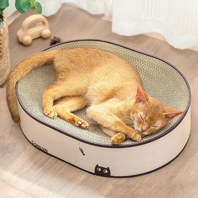 Conlun Oval Cat Scratcher Bed, 2-in-1 Cat Scratching Board, Natural Corrugated Cardboard Scratch Pad Lounge, Sealed Base Traps Debris,No Assembly Kitty Furniture,Stylish Colors Blends Any Home Decor