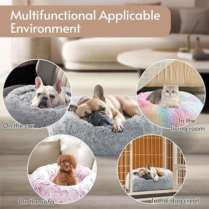 JOLLYVOGUE Calming Dog Bed Medium Size Dog, Anti-Anxiety Donut Medium Pet Bed, 27 inches Fluffy Faux Fur Round Cat Bed (Smoke Grey)