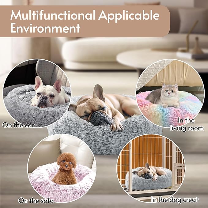 JOLLYVOGUE Calming Dog Bed Large Size Dog, Anti-Anxiety Donut Large Pet Bed, 36 inches Fluffy Faux Fur Round Cat Bed, Fits up to 75 lbs Pets (Smoke Grey)