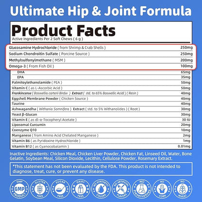 POPPAW Senior Advanced Joint Supplement for Dogs – 17-in-1 Glucosamine for Dogs with Chondroitin – Hip & Joint Pain Relief Pills – Mobility Support Chews – Large & Small Breeds - Chicken Flavor – 90Ct