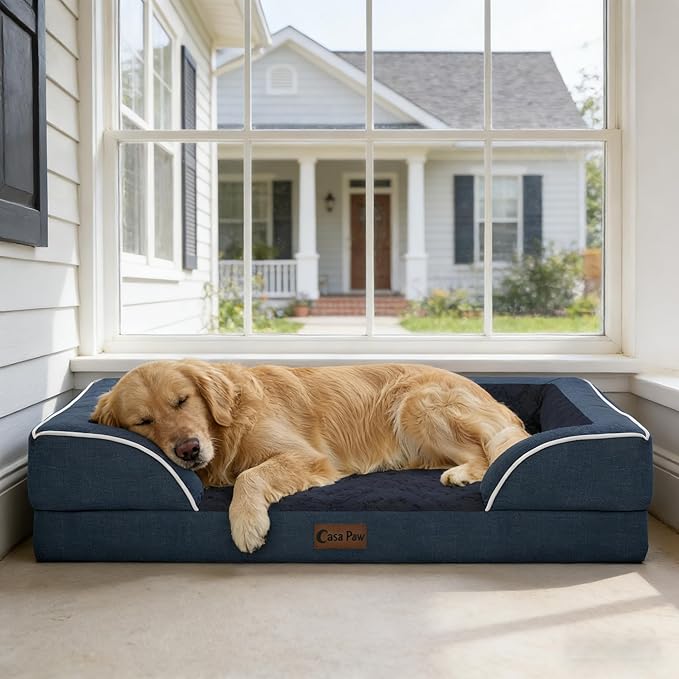 Casa Paw Orthopedic Dog Beds for Large Sized Dogs, Waterproof Memory Foam Large Pet Bed with Sides 36x27Inch, Non-Slip and Egg-Crate Foam Big Dog Couch Bed with Removable Washable Cover, Navy Blue