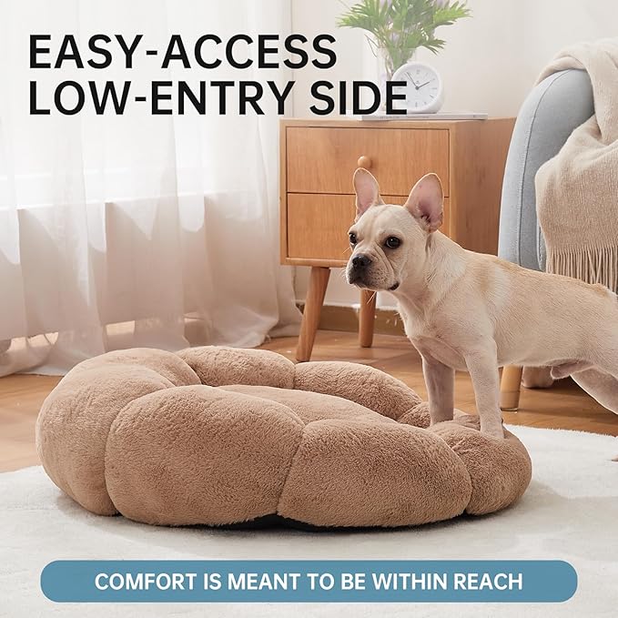 OhGeni 27 inches Calming Donut Dog & Cat Bed for Medium Pets, Warming Comfort Fluffy Short Pile Fur, Durable Machine Washable, Cute Round Bed for Puppy and Kitten, Camel
