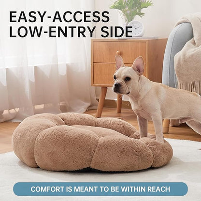 OhGeni 27 inches Calming Donut Dog & Cat Bed for Medium Pets, Warming Comfort Fluffy Short Pile Fur, Durable Machine Washable, Cute Round Bed for Puppy and Kitten, Camel