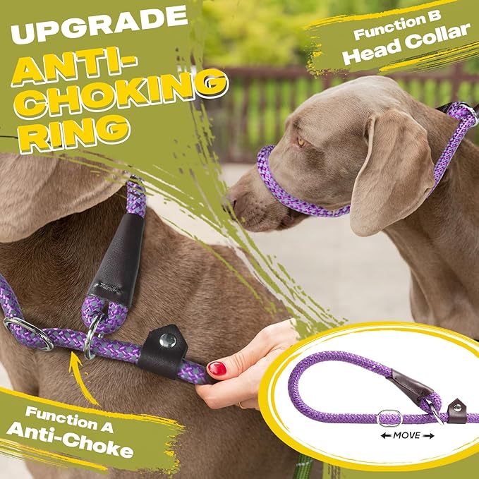 Fida Durable Slip Lead, 6 FT x 1/2" Heavy Duty Rope Leash for Large, Medium Dogs, No Pull Pet Training Leash with Highly Reflective, Purple