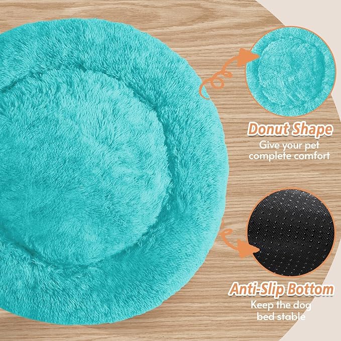 JOLLYVOGUE Calming Dog Bed Medium Size Dog, Anti-Anxiety Donut Medium Pet Bed, 27 inches Fluffy Faux Fur Round Cat Bed (Aqua Blue)