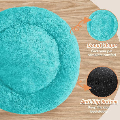 JOLLYVOGUE Calming Dog Bed Large Size Dog, Anti-Anxiety Donut Large Pet Bed, 36 inches Fluffy Faux Fur Round Cat Bed, Fits up to 75 lbs Pets (Aqua Blue)