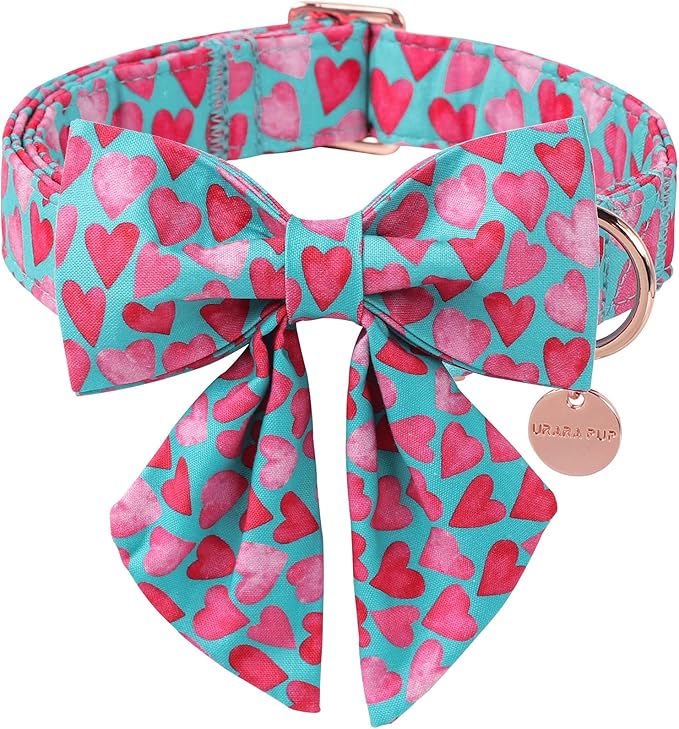 UP URARA PUP Valentine’s Day Dog Collar with Bow Tie, Pink Heart Bowtie Collar with Metal Buckle, Valentine’s Day Gift Pet Collar for Puppy Girl Boy Dog or Cat, Wedding Dog Collar, XS, Neck 8-12in